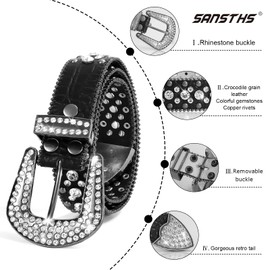 SANSTHS Women Rhinestone Belt for Jeans, Western Cowgirl Bling Studded Belt Faux Crocodile Grain Leather, Black M