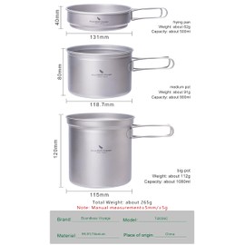 iBasingo Titan Topf Pfannen Set mit Klappgriff Im Freien Camping Suppe Topf Schüssel Bratpfanne Essgeschirr Ultraleicht Kochgeschirr Für Picknick Reisen Wandern Ti2036C