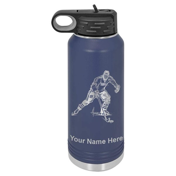 LaserGram Personalized Water Bottle, Hockey Player Man, Stainless Steel Double