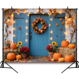 DePhoto 7x5FT Fall Thanksgiving Backdrop Autumn Pumpkin Harvest Blue Barn Door Background Light Post Maple Leaves Haystack White Brick Wall for Thanksgiving Party Decorations Vinyl