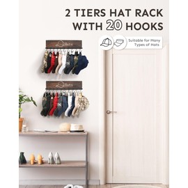 FANGSUN Hat Rack for Wall, Wooden Baseball Cap Organizer with 20 Hooks, Hat Display Storage Holder for Men and Women, Rustic Ball Cap Hanger for Closet, Bedroom, Entry, Set of 2