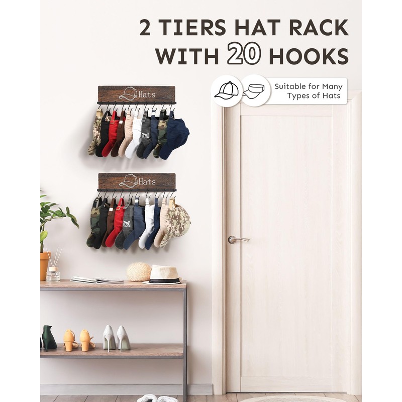 FANGSUN Hat Rack for Wall, Wooden Baseball Cap Organizer with