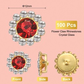 sourcing map 100pcs Sew on Rhinestones, 12mm Flower Claw Rhinestones Crystal Glass Metal Base Sewing Gems Buttons for Sewing Accessories Clothes Shoes Earring Belt Crafts, Dark Red