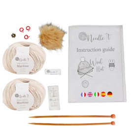 Needle It® Knitting Set Hat Complete Ecru - Wool Hat for Knitting Yourself for Children and Adults - Complete Set with Needle, Ball and Instructions - French Wool