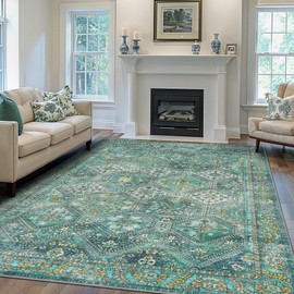Bavni 8x10 Area Rugs for Living Room, Machine Washable Rug Non Slip, Vintage Chenille Distressed Print Carpet, Large Low Pile Ultra-Thin Lightweight Rugs for Bedroom, Dining Room, Home, Office, Cyan