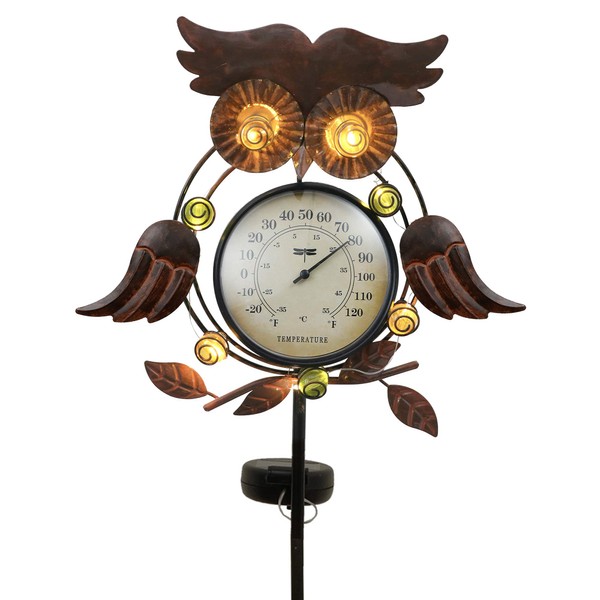 TERESA'S COLLECTIONS Metal Owl Garden Decor with Solar Light, Decorative Solar Garden Stakes with Outdoor Thermometer for Lawn Yard Patio Decorations, 39inch/100cm Tall