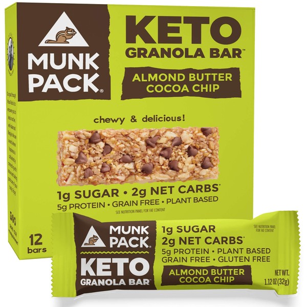 Munk Pack Almond Butter Cocoa Chip Keto Granola Bars with 1g Sugar, 2g Net Carbs | Keto Snacks | Chewy & Grain Free | Plant Based, Paleo-Friendly | Gluten Free, Soy Free | No Sugar Added | 12 Pack
