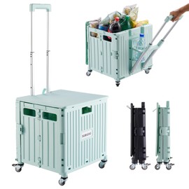 Folding Utility Cart Portable Rolling Crate Handcart Shopping Trolley Collapsible Tool Box, with Lid, on 4 Rotate Wheels, for Grocery, Shopping, Office, Camp, Teacher (Green)
