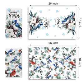 Croar Hello Winter Birds Kitchen Dish Towels Set of 2, Blue Jay Cardinal Cotton Pine Cone Drying Hand Towels Baking Cooking Cloth, Christmas Branch Snowflake Home Kitchen Decoration 18 x 26 Inch