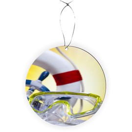 Sam Sandor - Swim Goggles and Life Ring by Pool Design - Round Scallop Ornament -Rearview Mirror Hanging Accessory, Car Accessories - Christmas Ornament - Christmas Ornament
