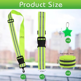 10 Pcs High Visibility Reflective Gear Set, Hi Vis Reflective Belt & Sash, 4 Reflective Armbands Wristbands Ankle Bands, 4 Reflector Pendants for Night Running Walking Cycling Jogging Outdoor Safety