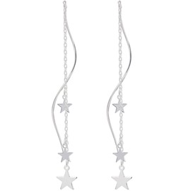 Sterling Silver Triple Stars Long Pull Through Wavy Threader Earrings