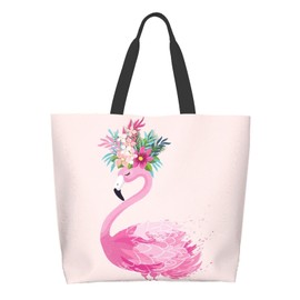 Famame Cute Flamingo With Flowers Canvas Tote Bag Large Women Casual Shoulder Bag Handbag Reusable Multipurpose Shopping Grocery Bag For Outdoor