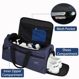 FIORETTO 50L Mens Sports Gym Bag with Wet Pocket & Shoe Compartment,Travel Duffle Bag Overnight Bag with Padded Shoulder Strap, Water-Resistant Sports Holdall for Swimming, Basketball Navy