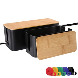 Cable Management Box, 2 Pack Bamboo Lid Large Storage Wires Organizer Holder for Home, Desk, TV, Computer, USB Hub - to Cover Hide Surge Protector Conceal Power Strips & Cords (Black)