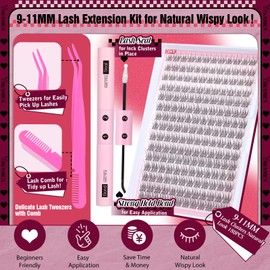 Yawamica Natural Lash Extension Kit Wispy Eyelash Clusters 9-11mm Lash Cluster Kit with Lash Bond and Seal and Lash Applicator 180pcs Cluster Eyelash Extensions Kit for Beginners DIY at Home by Yawamcia