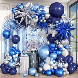 Blue White Silver Balloons Garland Arch Kit, 105Pcs Navy Metallic Blue Silver White Confetti Balloon with Explosion Star Foil Balloon for Birthday Graduation Wedding Fathers Day Retirement Party Decor