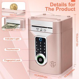 Highttoy Piggy Bank for Kids, Electronic Password Money Box with Touchscreen & Fingerprint, ATM Money Safe for Kids, Toys Gifts for 3-12 Year Old Boys Girls, Rose Gold