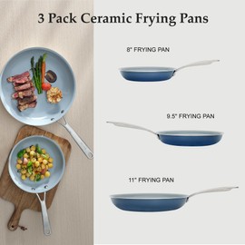 BECIGAR Ceramic Frying Pan Set with Stainless Steel Handle - Perfect Cookware Set for Steak & Non Stick Cooking - Ceramic Pans Set Non Stick Trendy Essential for Young Chefs(Blue)