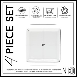 Vikko Mini Dessert Plate, 3.5" White Porcelain Plate, Set of 4 Square Plates for Petit Fours, Pastries, Fruit, Dishwasher Safe