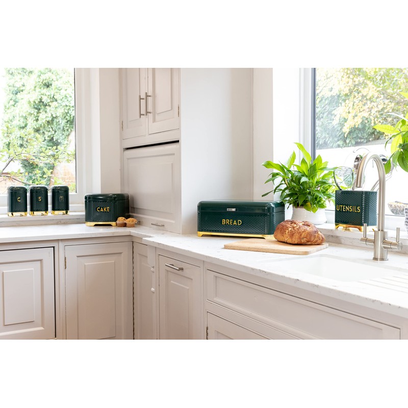 KitchenCraft Tea Storage Caddy with Lid, Hunter Green & Gold,