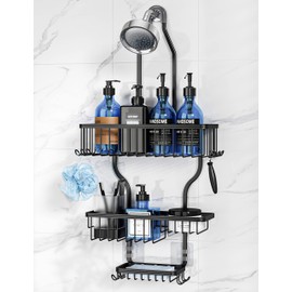 YASONIC Shower Caddy Over Shower Head Never Rust Aluminum Large Hanging Shower Caddy with 10 Hooks for Razor/Sponge - Over The Shower Head Caddy with Soap Basket - Hanging Shower Organizer Black
