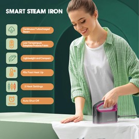 Newbealer Smart Steam Iron - 1200W Turbocharged Steam for Clothes, 3-Level Steam & Dry Ironing, 45s Fast Heat-up, Nonstick Soleplate, 170ml Water Tank, Auto-Off, 360° Steaming for Home Use, Ash Pink