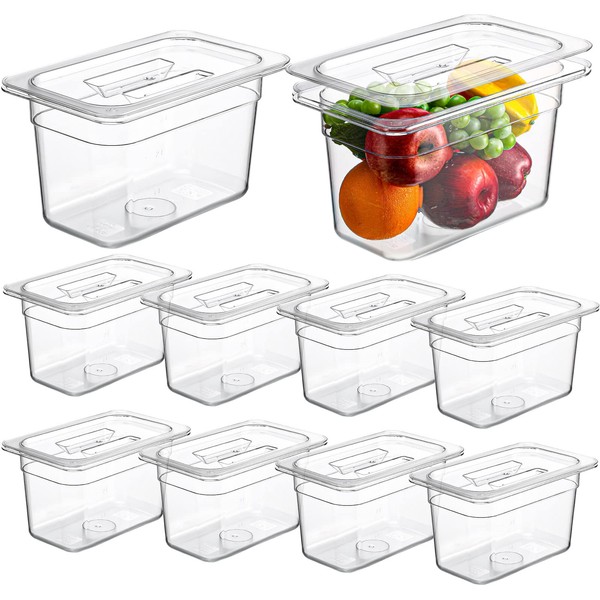 10 Pack Clear Food Pans with Lid Acrylic Transparent Food Pan Stackable Plastic Pan with Capacity Indicator Food Storage Containers Restaurant Supplies Hotel Pan for Fruits Vegetables (6 Inch High)