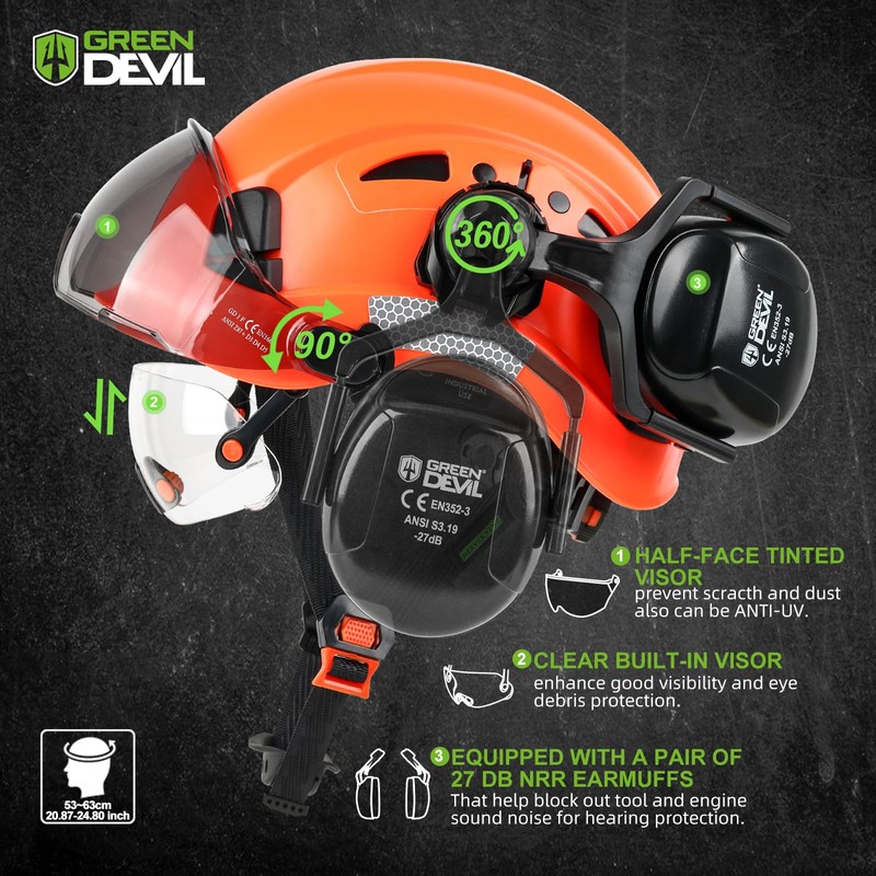 GREEN DEVIL Hard Hat Safety Helmet with Visor and Ear