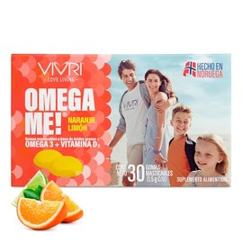 VIVRI Omega Me Suplemento Alimenticio de Omega-3, EPA, DHA y D3  30 Gomitas Suaves Sabor Naranja-Limn Sin Azcar hechas para Nios y Adultos            