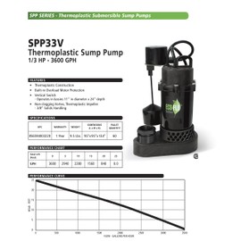 ECO-FLO Products SPP33V Thermoplastic Sump Pump with Vertical Switch, 1/3 HP, 3,600 GPH