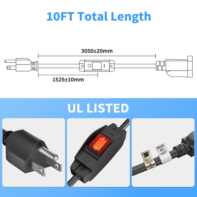 FIRMERST 1875W Outdoor Extension Cord with Switch Waterproof Black 10