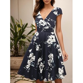 oxiuly Vintage Women Sumnmer Black Dresses 2025 Trendy Elegant Midi Formal Ladies Chic V-Neck Party Church Tea Dresses OX233 Khaki Flower XL