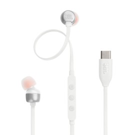 JBL Tune 310C - Wired Hi-Res in-Ear Headphones, Tangle-Free Flat Cable, 3-Button Remote with Microphone (White)