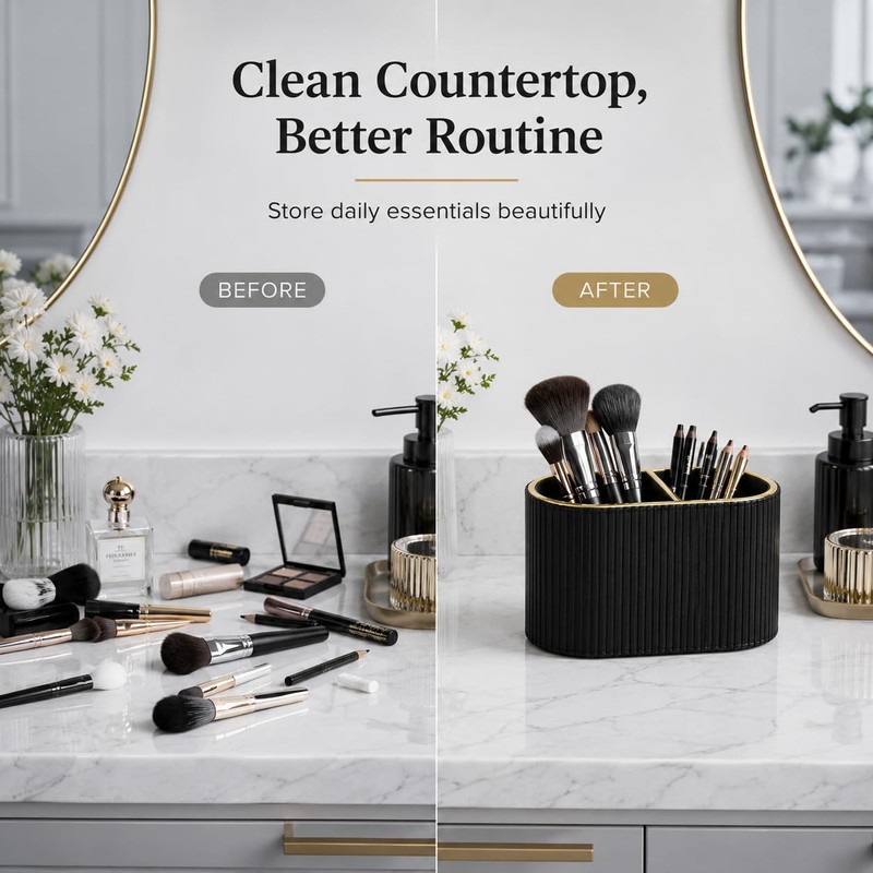GORESE Makeup Brush Holder,Makeup Organiser Vanity Organiser PU Leather Cosmetics