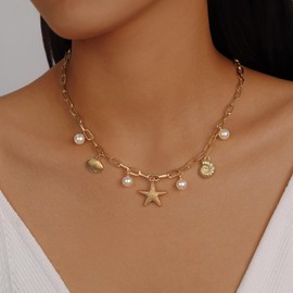Evabelle Starfish Necklaces for Women Dainty 14K Gold Plated Ocean Seashell Necklace Gold Beach Necklaces Trendy Beach Jewelry