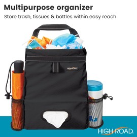 High Road Car Organizer with Car Trash Bin and Tissue Holder - Holds Full Size Tissue Box, Bottles and Wipe Containers - 2 Gal Leakproof Covered Trash Can with Push-Close Lid