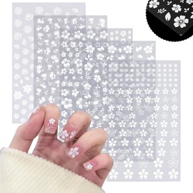 SIUSIO 5 Sheets Nail Art Stickers 3D Embossed Flower Nail Decals Self-Adhesive Spring Floral Daisy Nail Supplies White Flowers Nail Stickers for Women Girls Decoration
