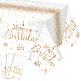 Tudomro 3 Pcs Happy Birthday Tablecloths Happy Birthday Party Decorations Plastic Table Cover Rectangular Cloths for Women Men Baby Shower Party Supplies, 108 x 54 Inch (Champagne)