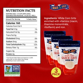 Dixie Lily White Corn Grits - Enriched With Iron, Niacin, Thiamine, Riboflavin - Classic Southern Taste - Certified Non-GMO - 3-Pack, 20oz