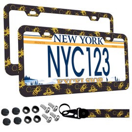 2-Pack Golden Honey Bee License Plate Frames for Women Man, 2 Holes Honey Bee Gold Bumblebee Aluminum License Plate Holder, Bee Themed License Plate Cover fits Vehicles with Keychain Wrist Lanyard