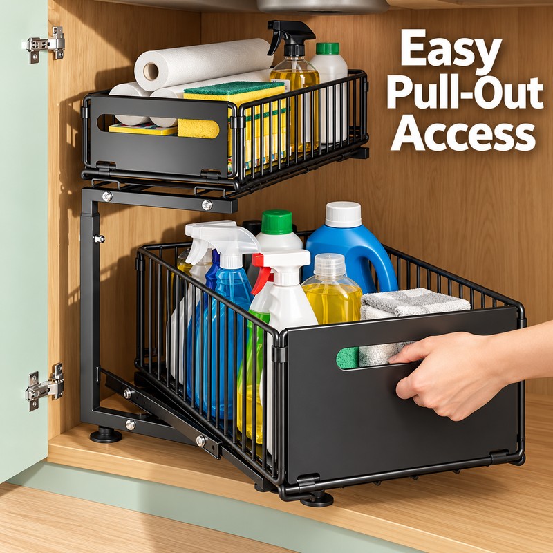 2-Tier Under Sink Organizer for Kitchen & Bathroom – Adjustable