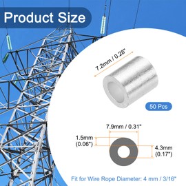 sourcing map Aluminum Wire Rope Stop Sleeve 3/16"(4mm) Crimping Loop Sleeve Round Cable Ferrule for Wire Rope Cable Line, Pack of 50