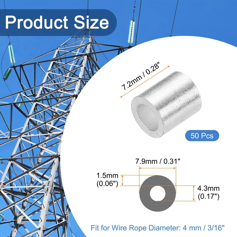 sourcing map Aluminum Wire Rope Stop Sleeve 3/16"(4mm) Crimping Loop