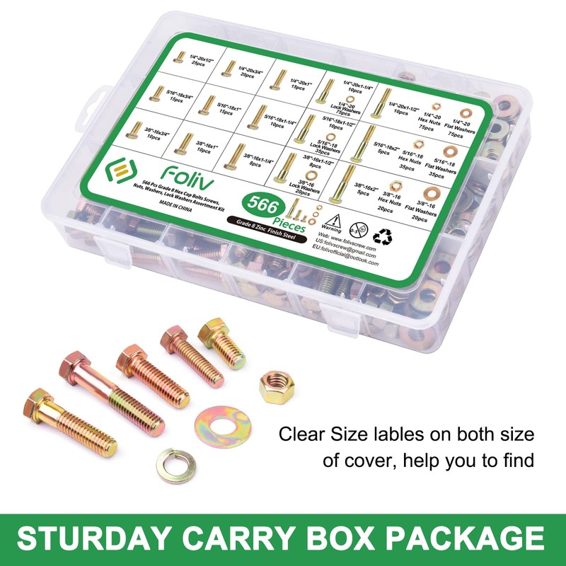 FOLIV 566Pcs Heavy Duty Bolts and Nuts Assortment Kit, Grade