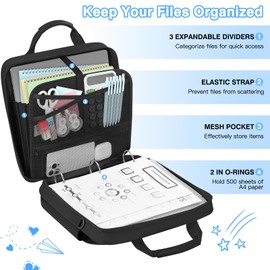 MoKo Zipper Binder Bag, 2 Inch 3 Ring Zipper Binder with Detachable Backpack Strap + Shoulder Strap, 500 Sheets Capacity, Multi-Pocket School Bag Fits 13'' Tablets, 14'' Laptops, Books, Black