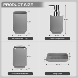 4 Piece Bathroom Accessories Set, Grey Boho Bathroom Decor, Bathroom Sets Complete, Soap Dispenser, Toothbrush Holder, Mousewash Cup and Soap Dish, Bathroom Sink Set for Modern Home Décor