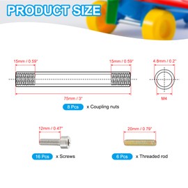 PATIKIL 75mm (3") Round Coupling Nuts Kit, M4 Threaded Connector Bar Hardware with Fully Thread Rods Socket Screws for Lamp Model Furniture DIY Repair Part