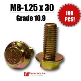 Redding Fasteners (QTY 100) M8-1.25 x 30 MM Metric Hex Flange Bolts Grade 10.9 Screws Zinc Yellow