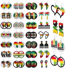 Estune 32 Pairs African Earrings for Black Women Juneteenth Wood Dangle Earrings Bulk African American Jewelry
